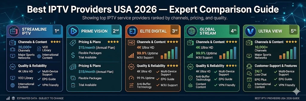 Best IPTV providers USA 2026 — expert comparison guide showing top IPTV service providers ranked by channels, pricing and quality