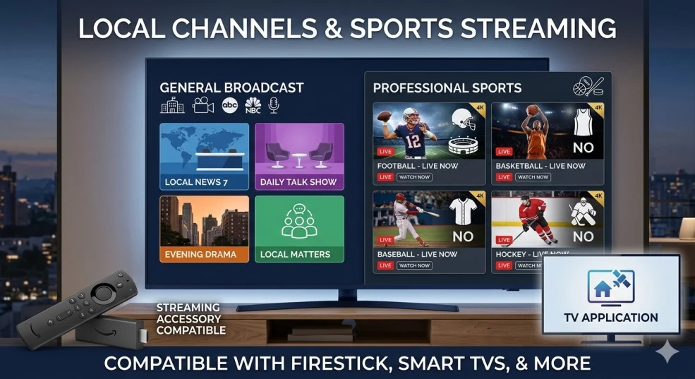 Best IPTV USA service showing live US local channels ABC NBC CBS Fox and 4K sports streaming NFL NBA MLB NHL on Firestick and Smart TV with no regional blackouts