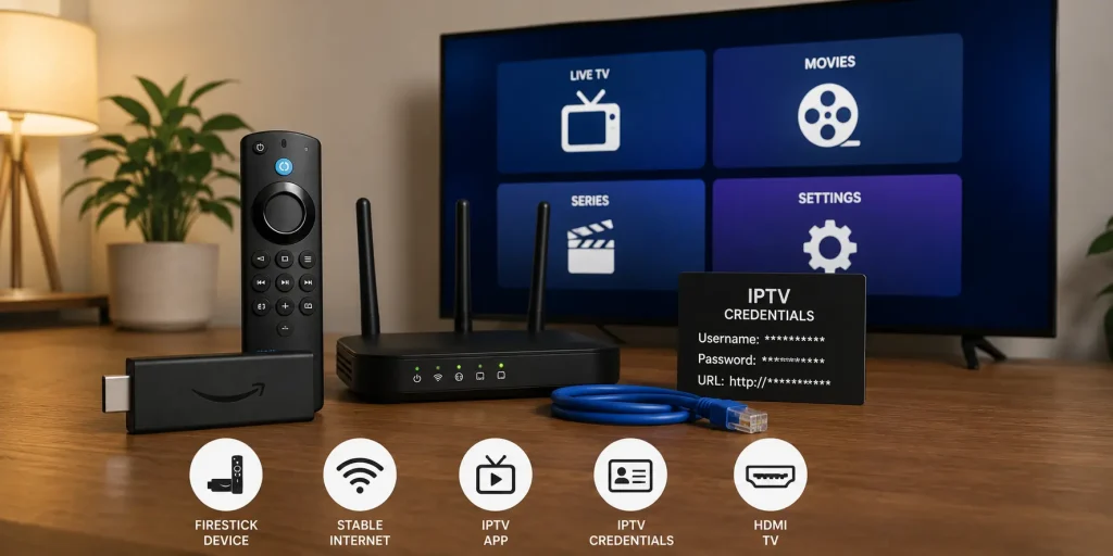 Best IPTV for Firestick 2026 — Amazon Firestick 4K showing 50,000+ live channels from the top rated IPTV service in the USA with TiviMate app
