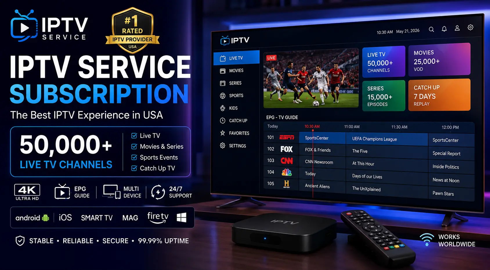 iptv-service-subscription.us — #1 rated IPTV service provider USA showing 50000 live channels interface and EPG guide