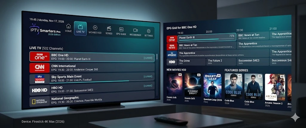 IPTV Smarters Pro player interface 2026 — showing live TV channel list EPG electronic program guide VOD movies and series on Firestick Samsung TV and Android