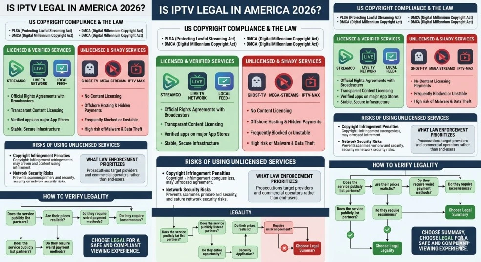 Is IPTV legal in the USA — infographic explaining legal IPTV providers in America versus unlicensed services and US copyright law compliance