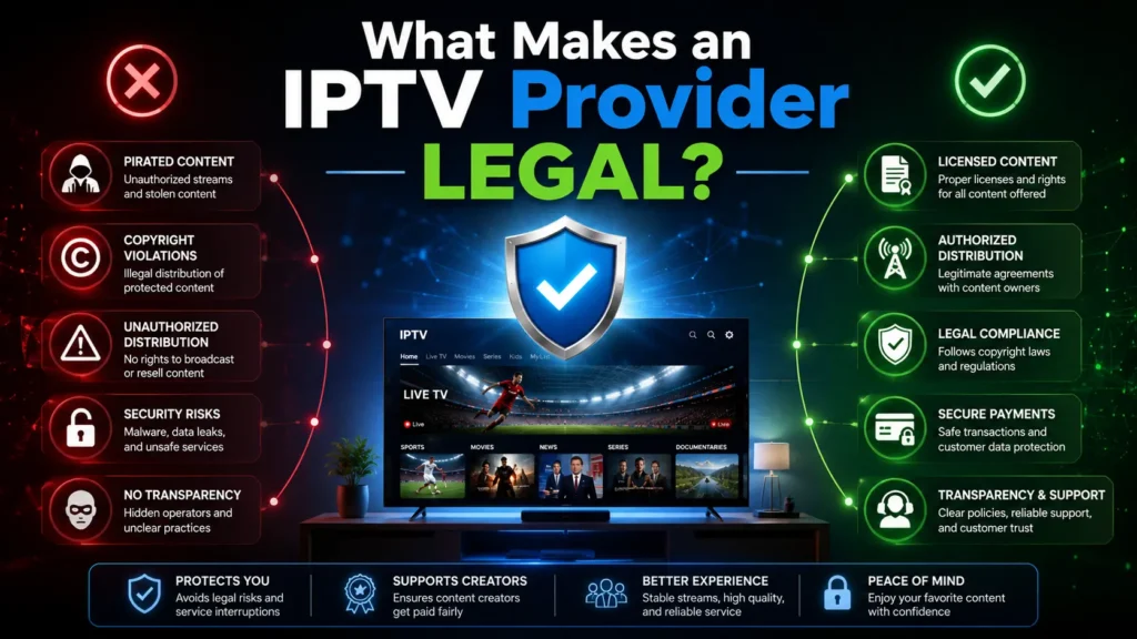Legal IPTV providers USA — showing licensed content compliance, SSL security, US copyright law adherence for legal IPTV service providers in America